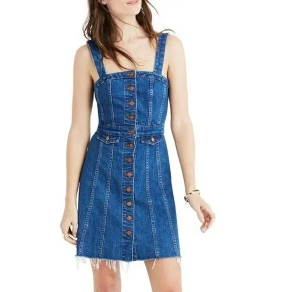 Madewell Mid-wash Blue Denim Jean Raw-Edge Button-Front Overall Mini Dress sz 4